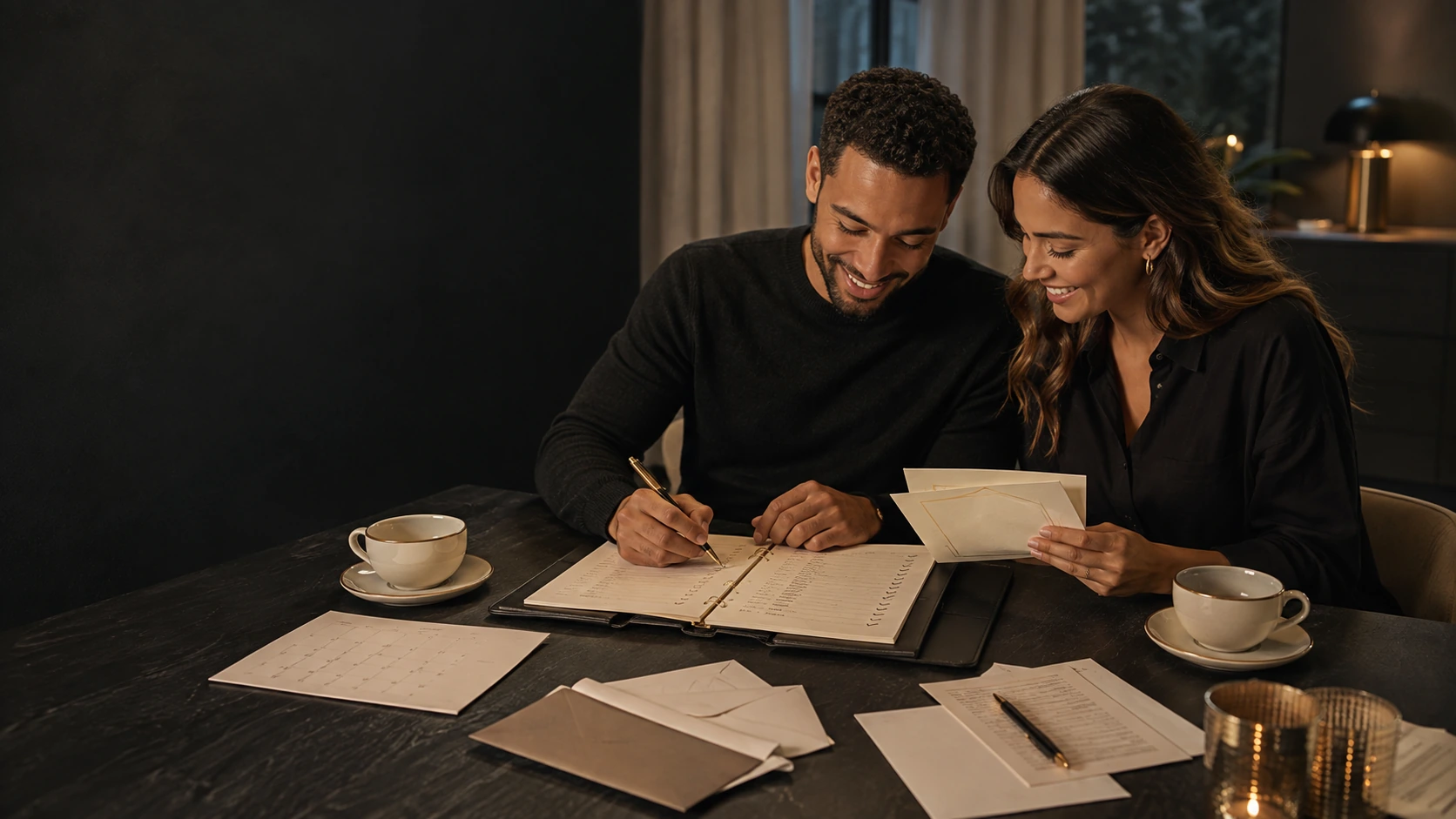 A wedding couple drafting their authorized guest list together