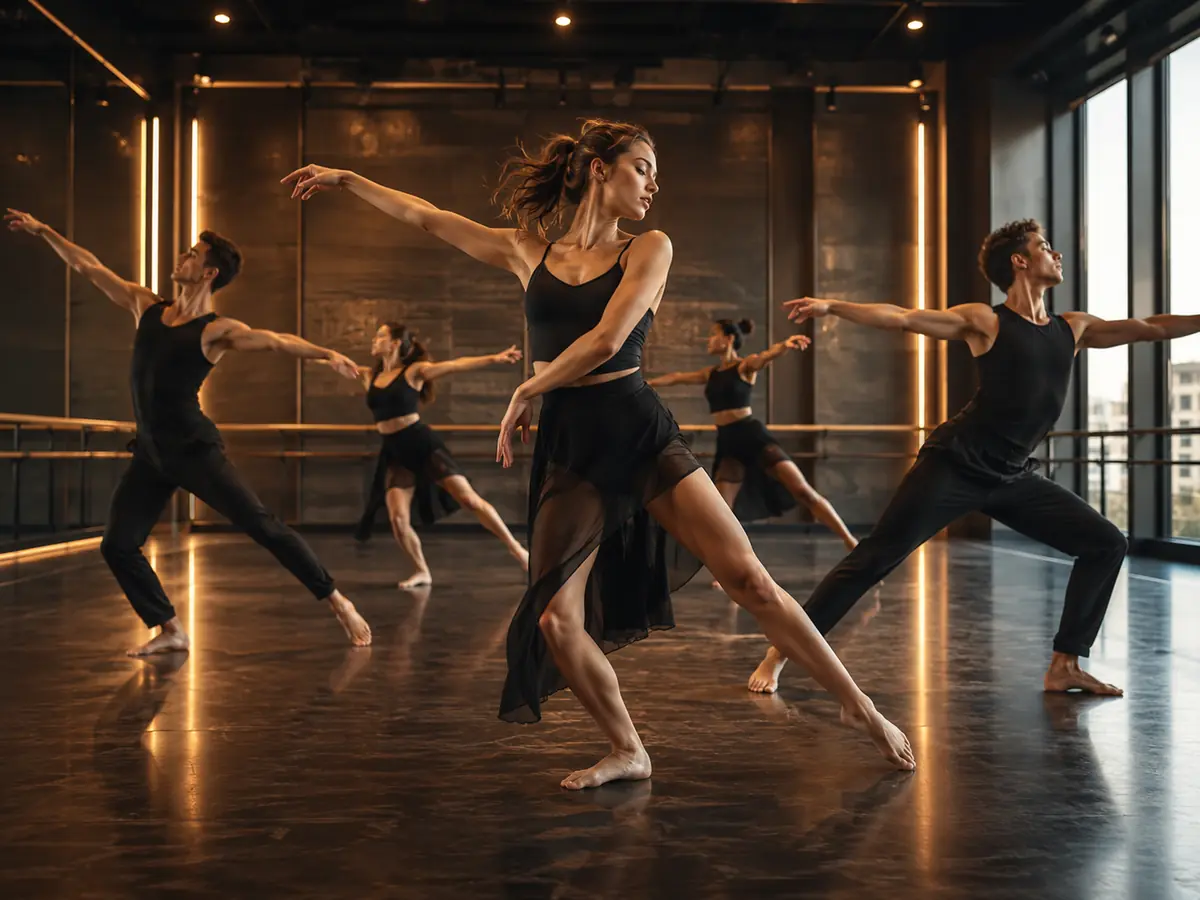 Dance studio ensemble rehearsing in a modern studio