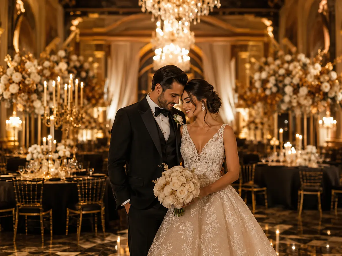 Bride and groom portrait in a golden ballroom