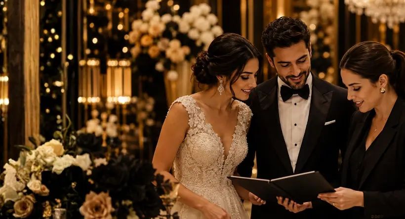 Bride and groom reviewing wedding plans with an event planner