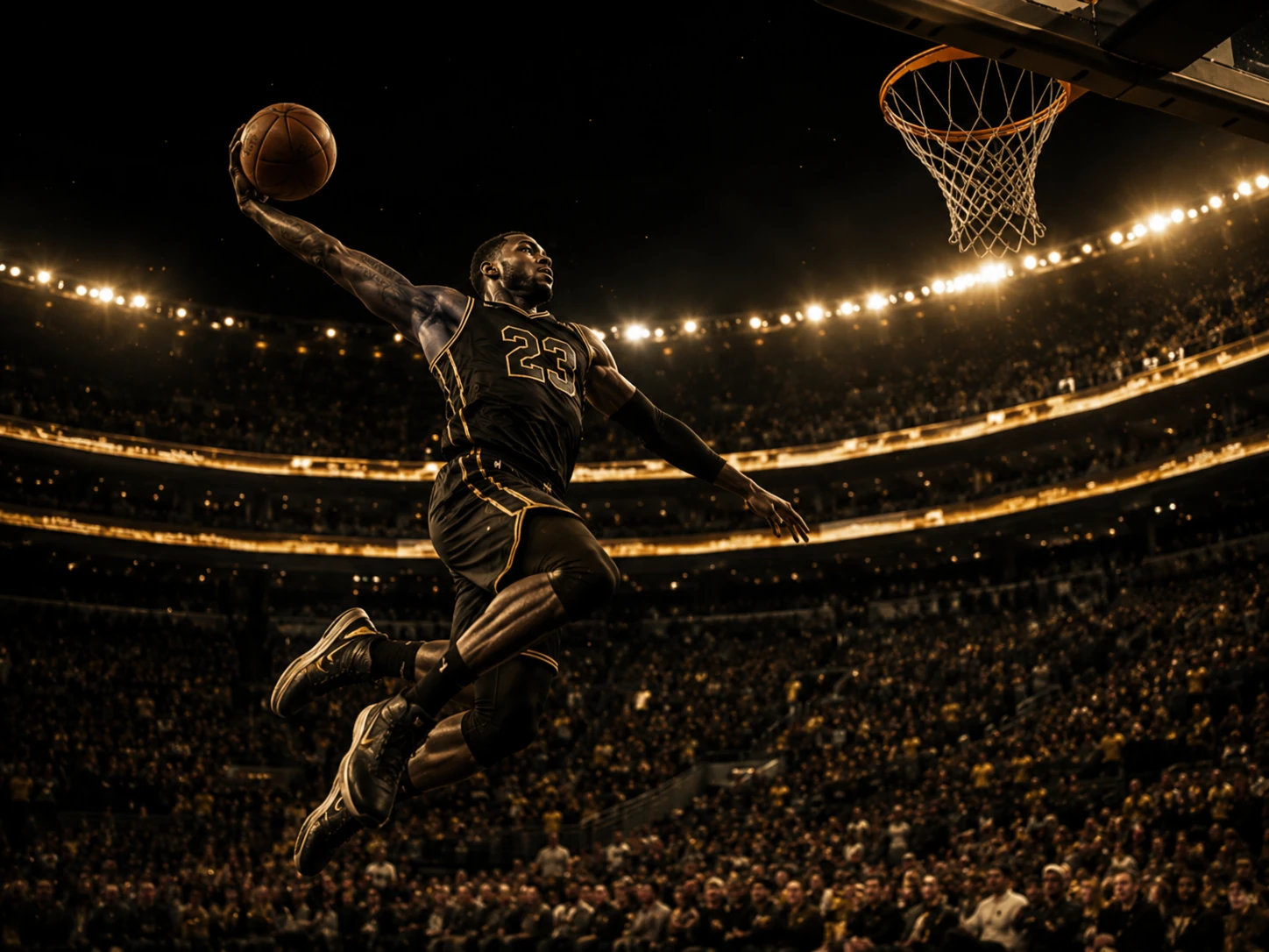 Basketball player attacking the rim under premium arena lighting