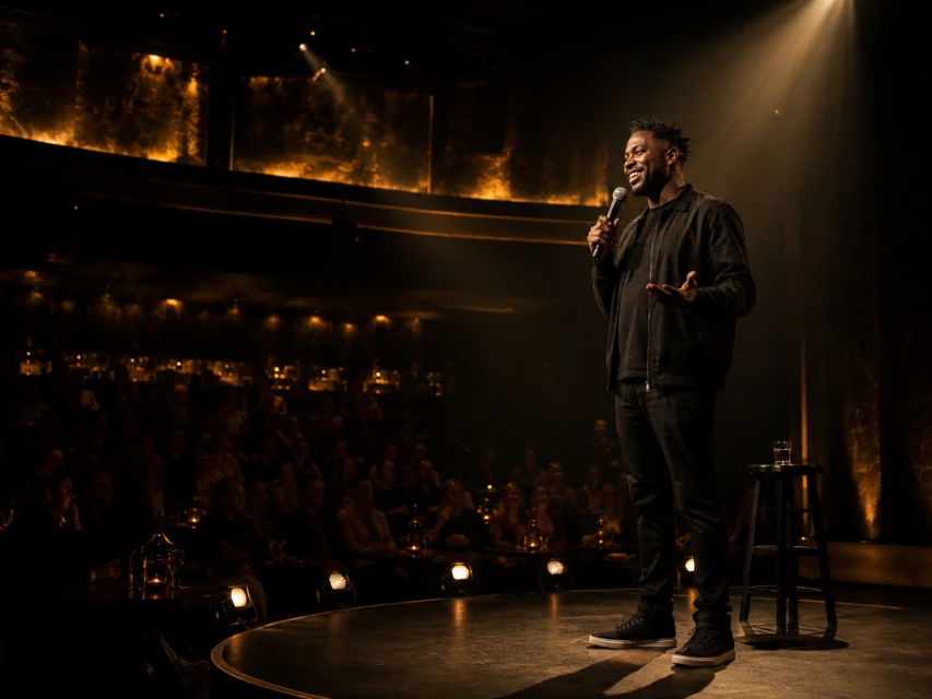 Stand-up comedian performing on a premium theater stage