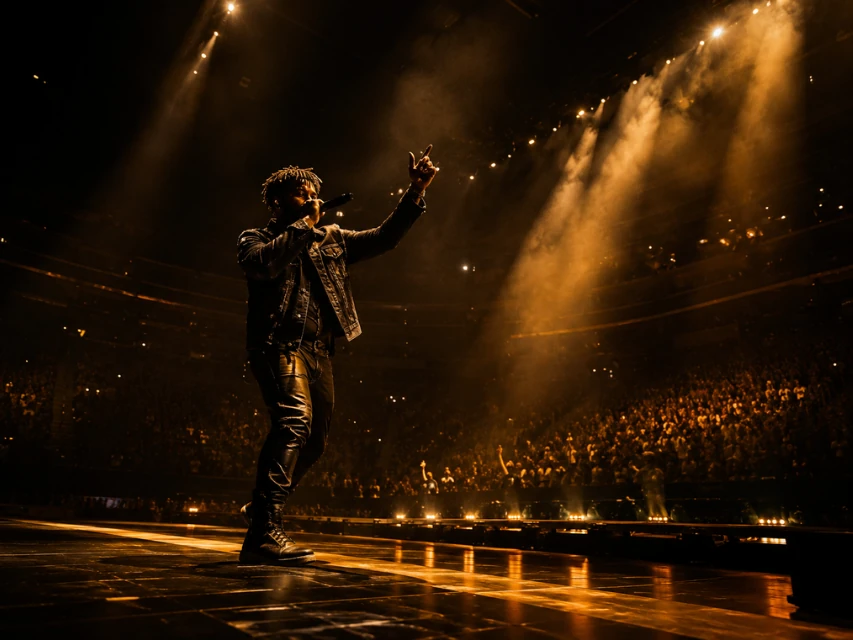 Music artist performing under amber stage lighting in a packed arena