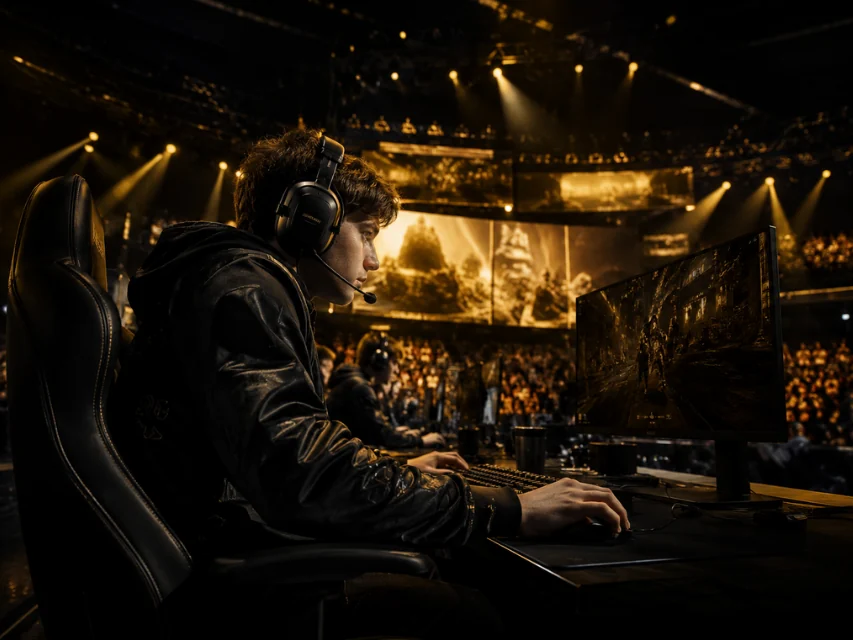 Esports competitor playing on stage before a live arena audience