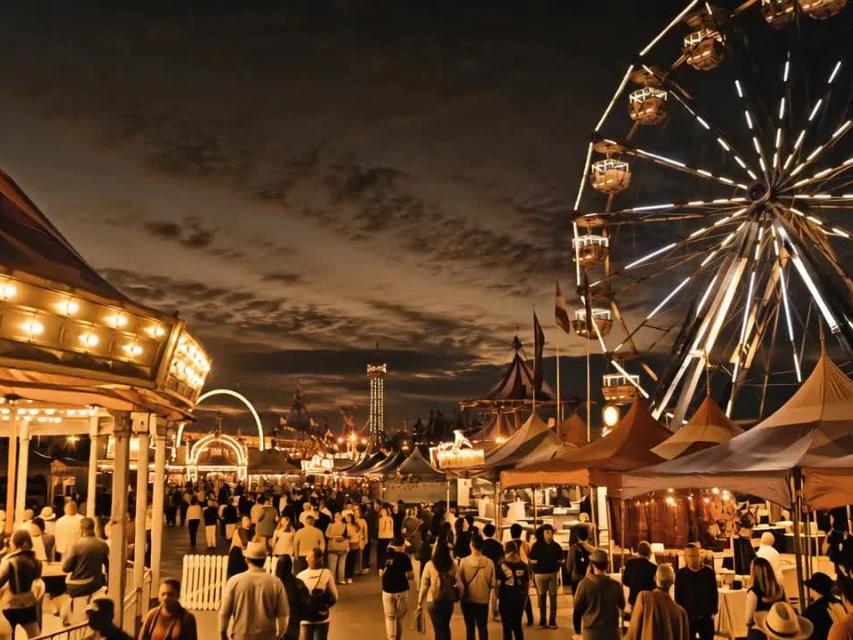 County fair midway with illuminated Ferris wheel at night