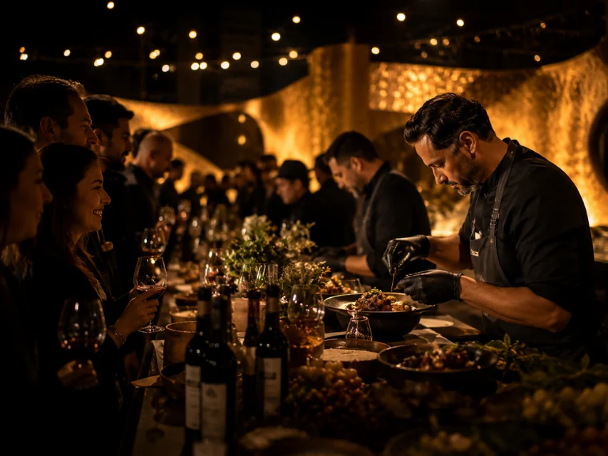 Chef preparing food for guests at an upscale live culinary festival