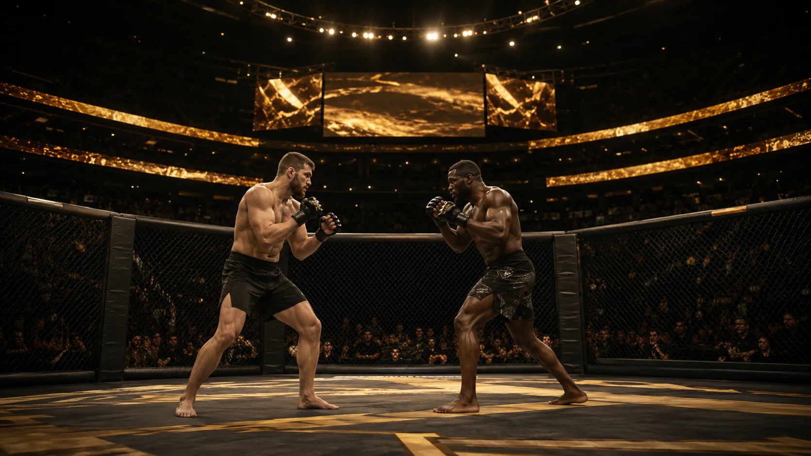 Professional mixed martial arts competitors inside an MMA cage