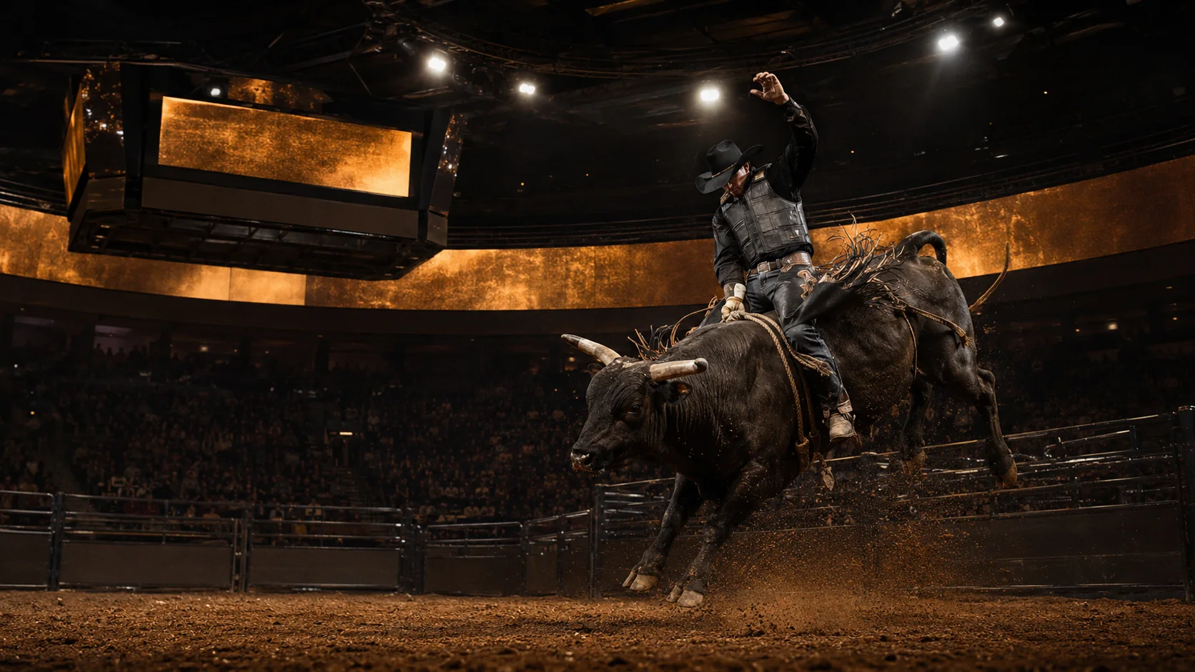 Professional bull rider competing in a premium rodeo arena