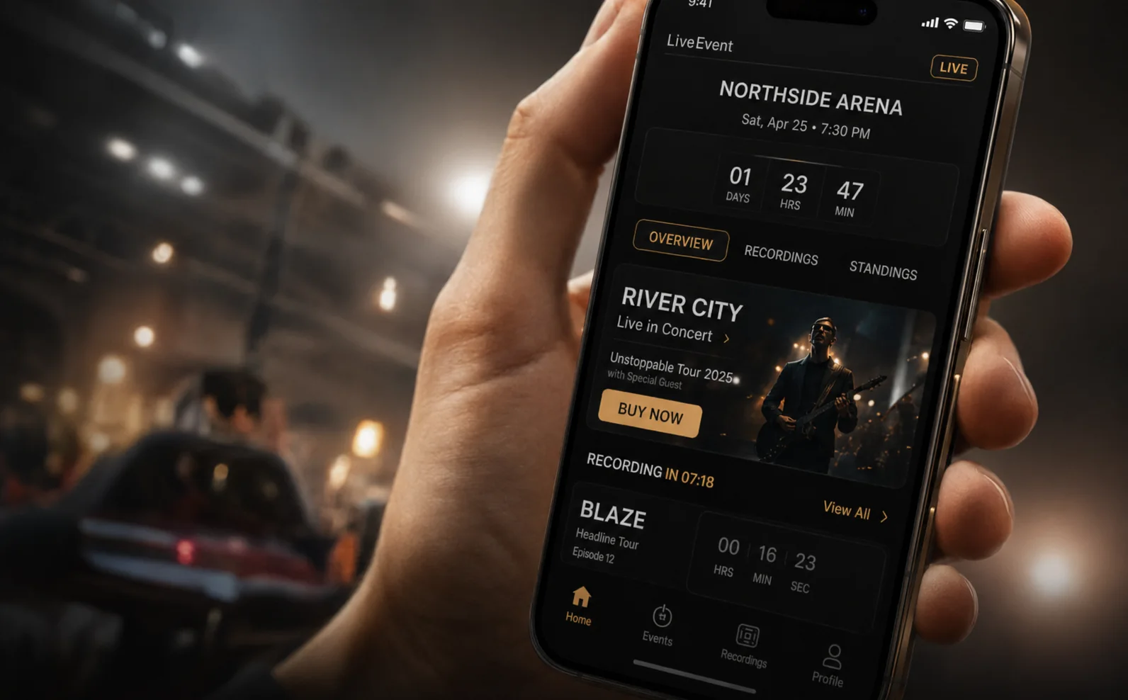 Event commerce experience displayed on a mobile device in an arena