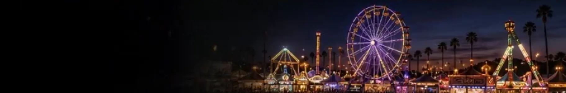 Fairground illuminated at night with a Ferris wheel and midway rides