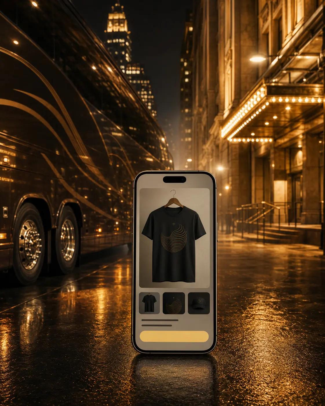Independent vendor merchandise offer shown beside a tour bus and event venue
